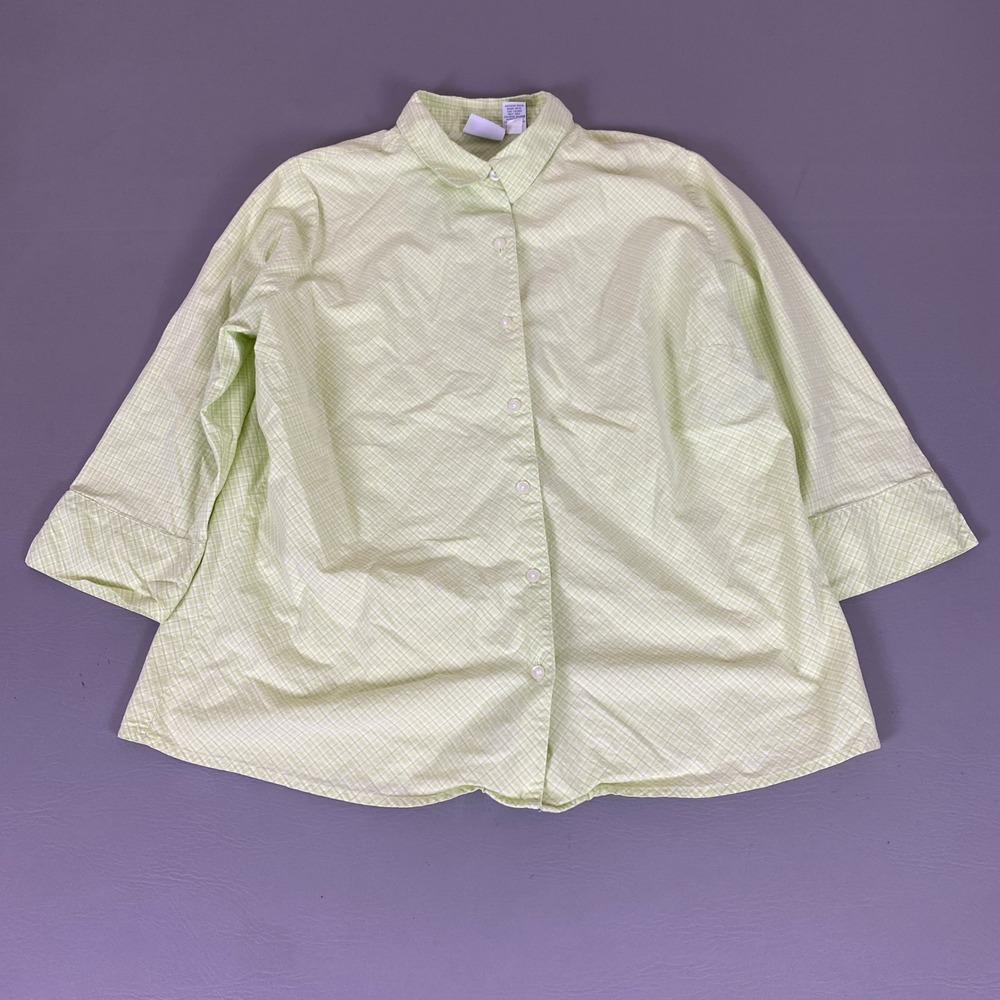 Sonoma Life Style Shirt Women's 1X Lime Green Gingham Button Down 3/4 Sleeve